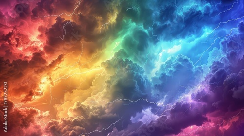 colorful lightning bolts spreading across rainbowhued clouds dramatic sky digital art