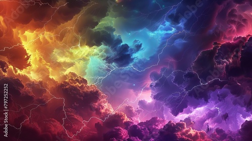 colorful lightning bolts spreading across rainbowhued clouds dramatic sky digital art photo