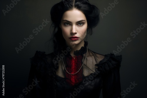 Elegant woman with a mysterious aura posing in dark attire