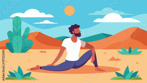 In a secluded desert oasis a man practices yin yoga holding deep stretches for several minutes to release tension and restore peace to the mind..