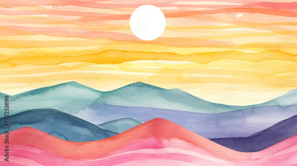 Colorful Watercolor Mountain Landscape at Sunset