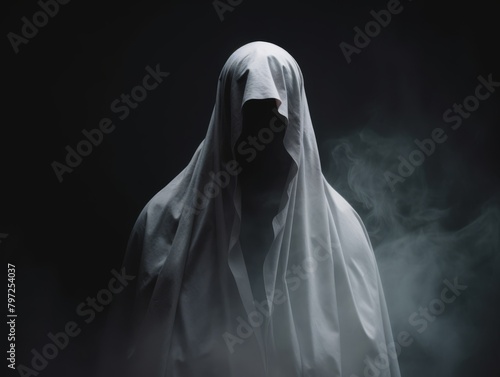 Mysterious figure shrouded in a ghostly white sheet against a dark background