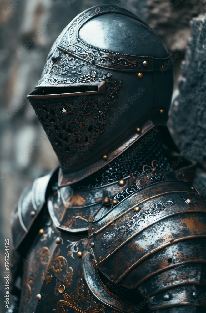 Medieval knight in ornate armor standing against a textured background Medieval knight in ornate armor standing against a textured background