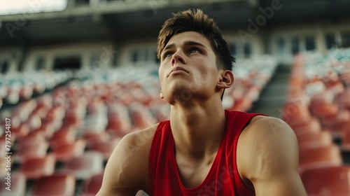 determined young male athlete in sportswear gazing up at stadium seats motivated by future goals and aspirations