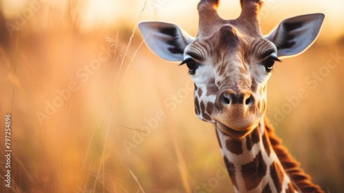 Curious Giraffe Peeking Through Savannah Grass at Sunset