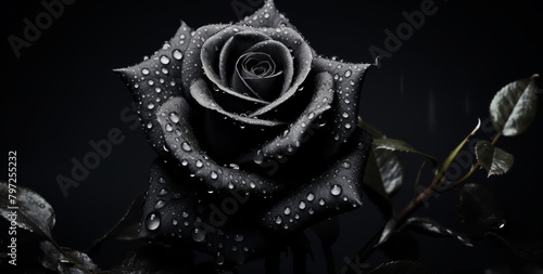 Black rose with water droplets on dark background