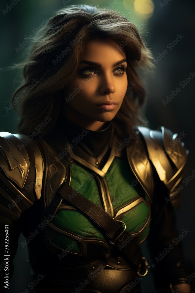 Confident Female Warrior in Armor Posing Confident Female Warrior in Armor Posing