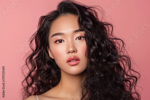 Young Asian beauty woman curly long hair with korean makeup style on face and perfect clean skin on isolated one color background. Facial treatment, Cosmetology, plastic surgery - generative ai