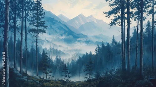 enchanting painting of a serene forest with towering trees and distant misty mountains idyllic natural landscape art photo