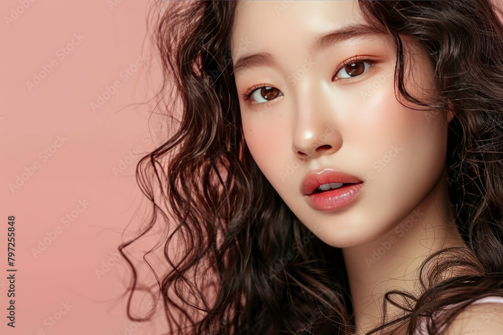 Young Asian beauty woman curly long hair with korean makeup style on face and perfect clean skin on isolated one color background. Facial treatment, Cosmetology, plastic surgery - generative ai Young Asian beauty woman curly long hair with korean makeup style on face and perfect clean skin on isolated one color background. Facial treatment, Cosmetology, plastic surgery - generative ai