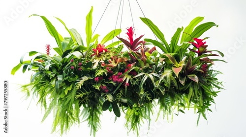 exotic tropical plants composition with hanging dischidia bromeliad dracaena begonia and birds nest fern isolated on white photo