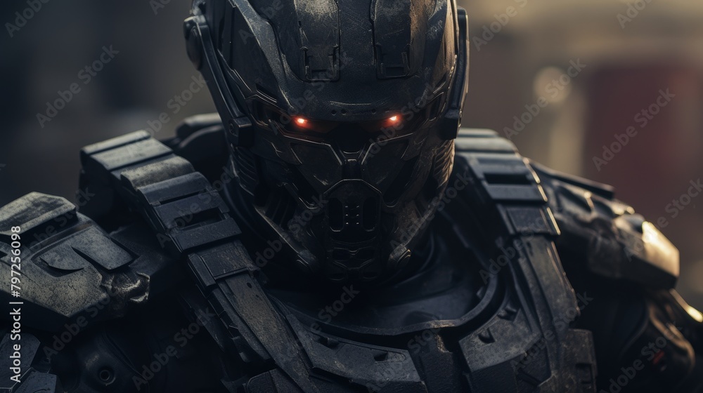Fototapeta premium Futuristic armored soldier with glowing eyes
