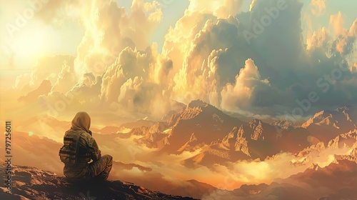 Wallpaper Mural female soldier praying in desert mountains with dramatic clouds spiritual concept illustration Torontodigital.ca