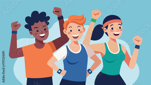 A group of friends smiling and cheering during a workout session while all wearing premium fitness trackers..