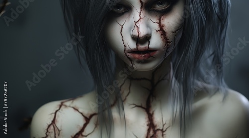 Creepy Female Character with Dark Makeup and Vein-like Patterns photo