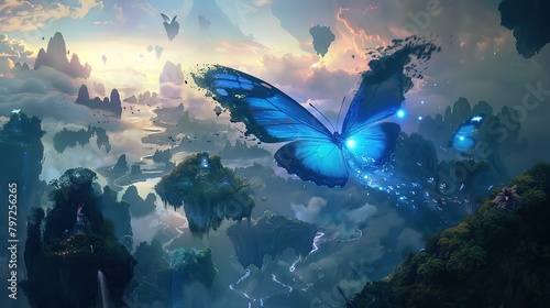 A dream of flying on the back of a giant, luminous butterfly over a landscape of floating islands photo