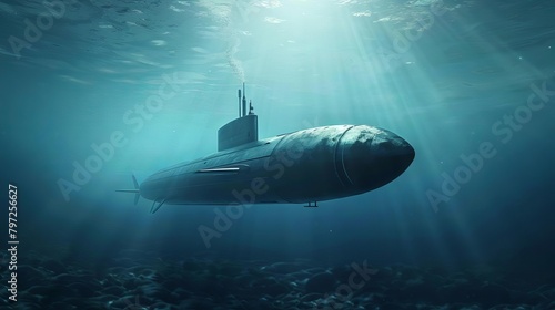 futuristic military submarine diving in deep blue ocean waters underwater warfare technology concept 3d illustration © Bijac