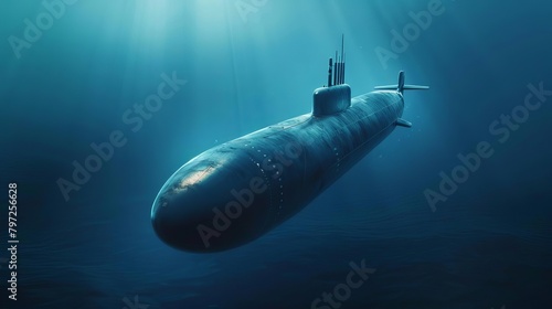 futuristic military submarine diving in deep blue ocean waters underwater warfare technology concept 3d illustration
