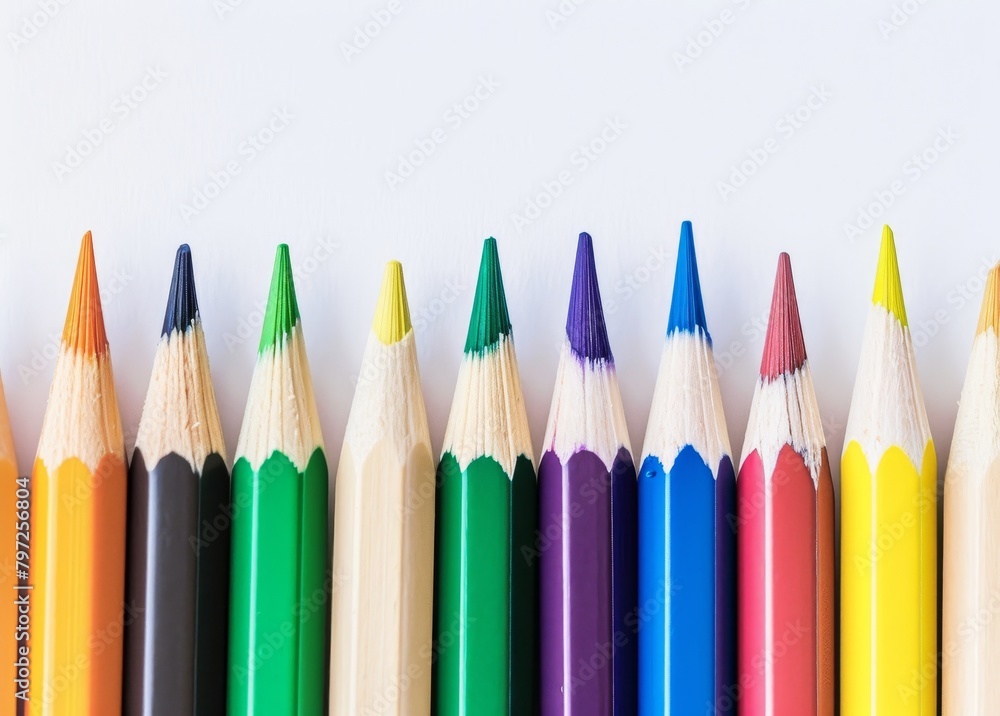 Colorful pencils lined up against a white background Colorful pencils lined up against a white background
