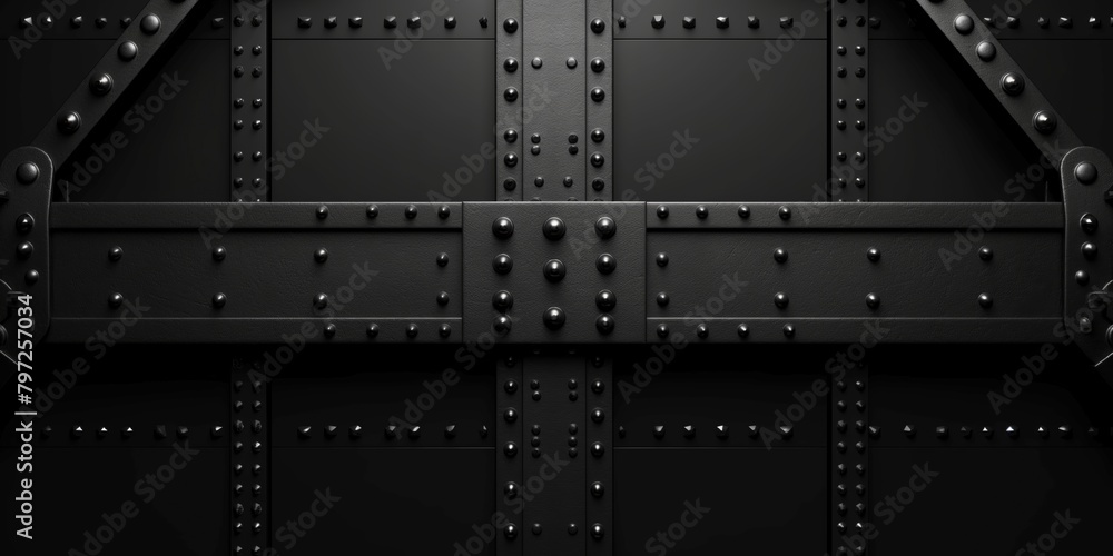 Frontal view of a powerful dark metal structure with rivets