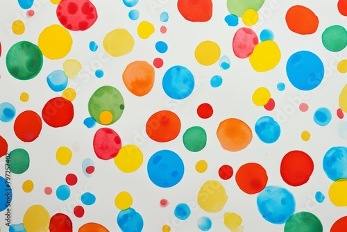 Colorful confetti dots scattered on a white background