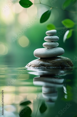 Zen stones in balance by tranquil water