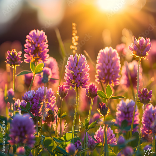 Summer morning wildflowers of clover in the meadow with soft blurred focus  natural background.