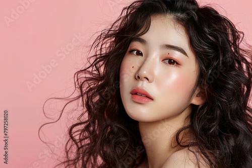 Young Asian beauty woman curly long hair with korean makeup style on face and perfect clean skin on isolated one color background. Facial treatment, Cosmetology, plastic surgery - generative ai