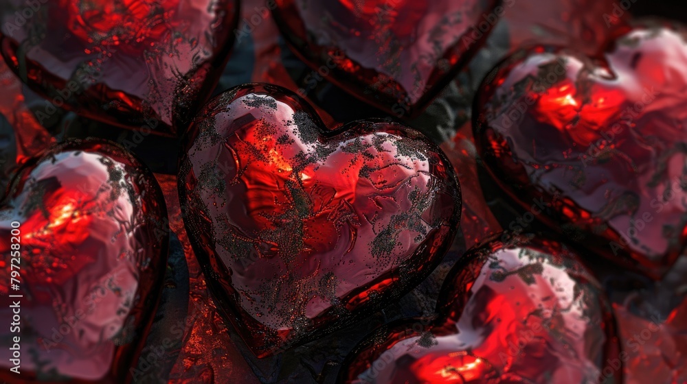 Deep red hearts with shiny metallic surface - obrazy, fototapety, plakaty 