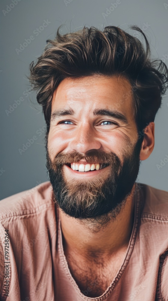 Man with a beard and healthy hair smiling in a casual setting Man with a beard and healthy hair smiling in a casual setting