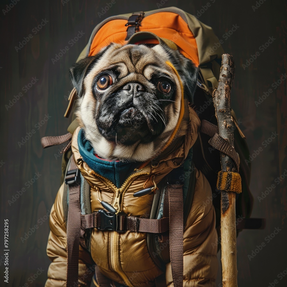 Pug in a hikers outfit with a backpack and walking stick