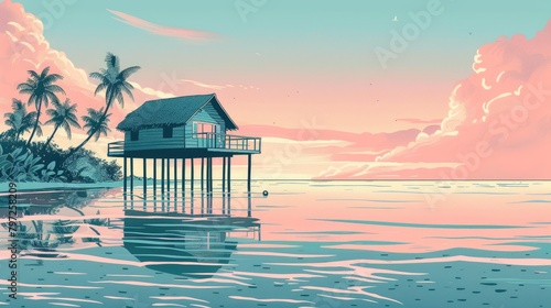 Detailed illustration of a beach hut on stilts above water photo