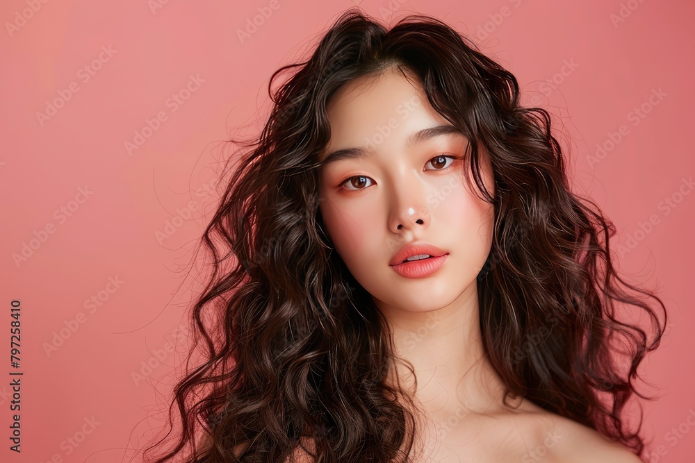 Young Asian beauty woman curly long hair with korean makeup style on face and perfect clean skin on isolated one color background. Facial treatment, Cosmetology, plastic surgery - generative ai Young Asian beauty woman curly long hair with korean makeup style on face and perfect clean skin on isolated one color background. Facial treatment, Cosmetology, plastic surgery - generative ai