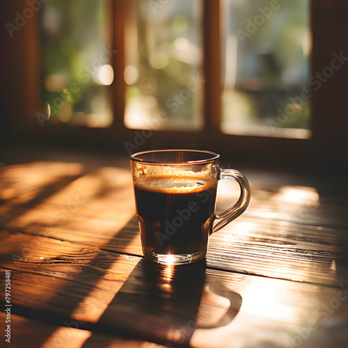 A cup of Kona coffee on a wooden table near a window