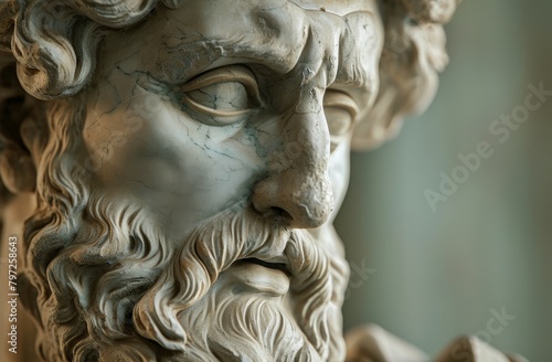 Close-up of a classical sculpture's face with intricate details