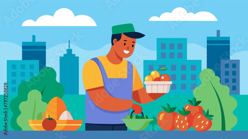 A citydweller relishing in the opportunity to handselect and purchase their own produce connecting with the source of their food..