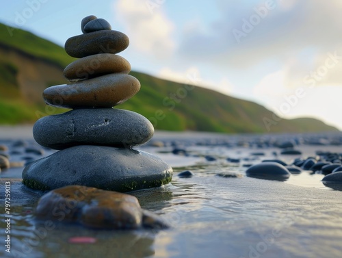 Zen stones stacked on a serene beach at sunset