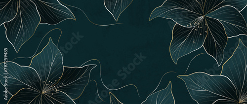 Floral luxury art background with golden elements in line art style. Botanical banner for decoration, print, textile, wallpaper, packaging, interior design, poster, invitations © VectorART