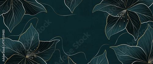 Floral luxury art background with golden elements in line art style. Botanical banner for decoration, print, textile, wallpaper, packaging, interior design, poster, invitations