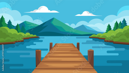A simple wooden dock on a calm lake providing a serene and undisturbed spot for quiet contemplation by the water.. photo