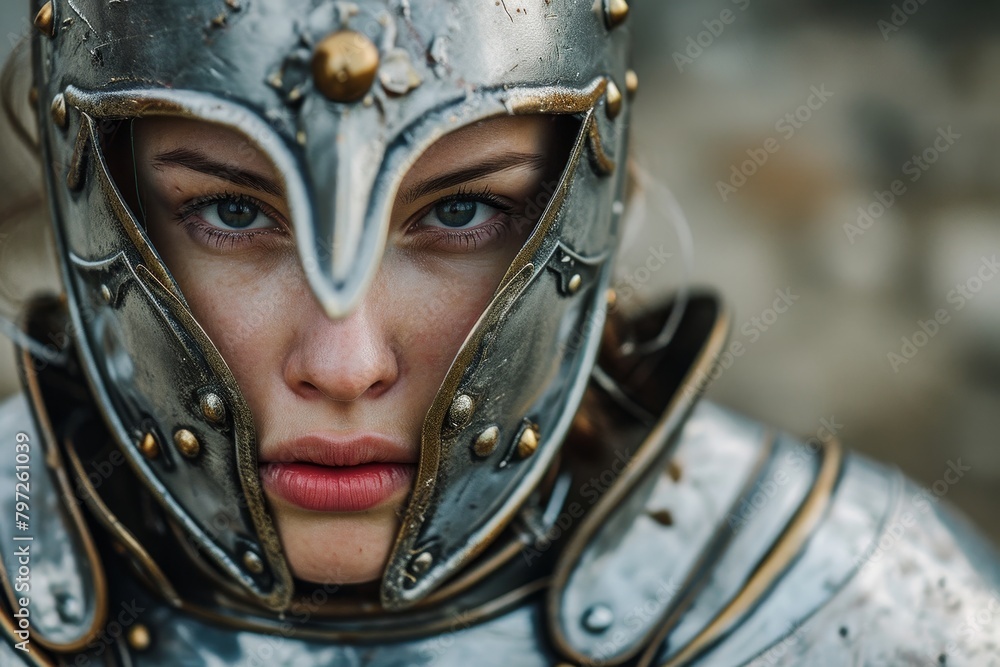 Close-up of a Woman in Medieval Armor Looking Intently Close-up of a Woman in Medieval Armor Looking Intently