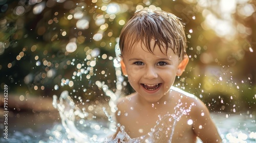 playful little boy splashing water on hot summer day childhood joy and outdoor fun © Bijac