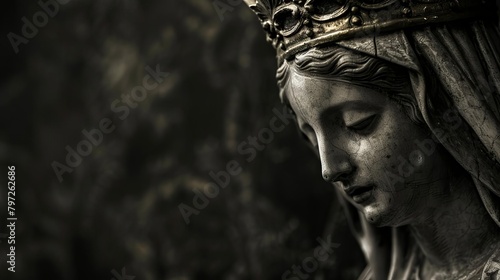 regal statue of mother mary crowned in glory sacred religious icon dramatic low key photography