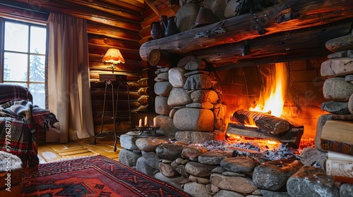 rustic warmth closeup of stone fireplace in log cabin interior photo