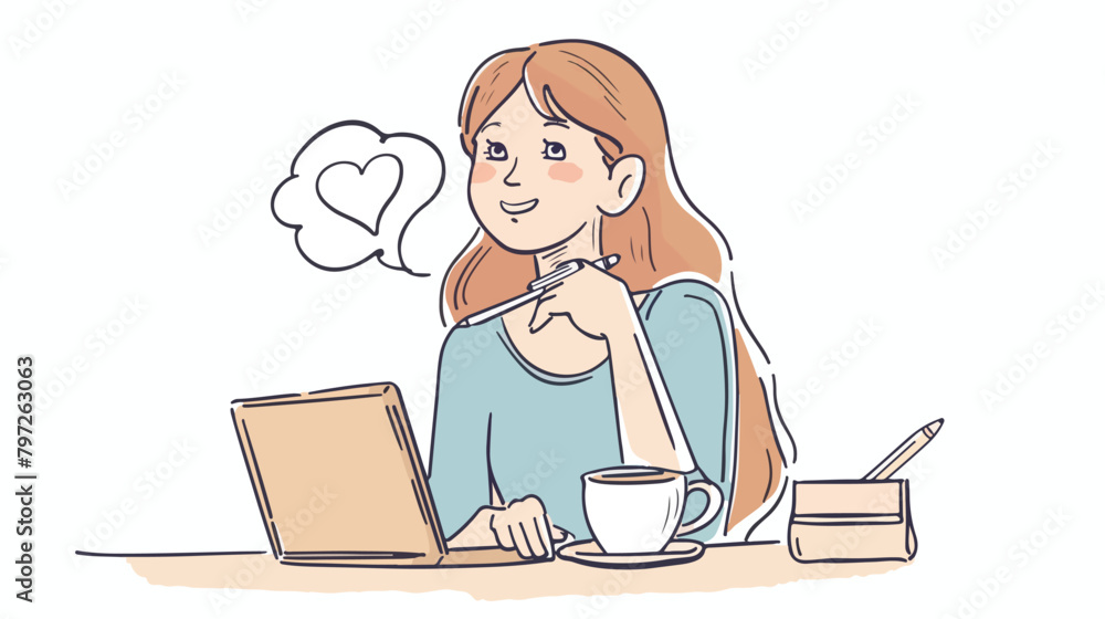 smiling woman sitting at the cafe with coffee and laptop