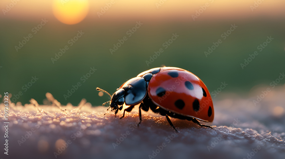 Fototapeta premium Sunset scene, red ladybug photo, macro ladybug photo close-up of ladybugs crawling back and forth