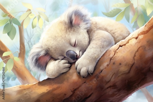 Cute baby koala bear sleeping mammal animal.