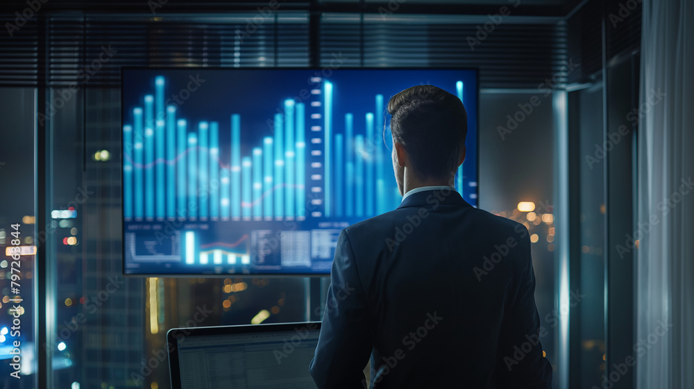 a businessman looking at sales data statistics on big screen in modern office a businessman looking at sales data statistics on big screen in modern office