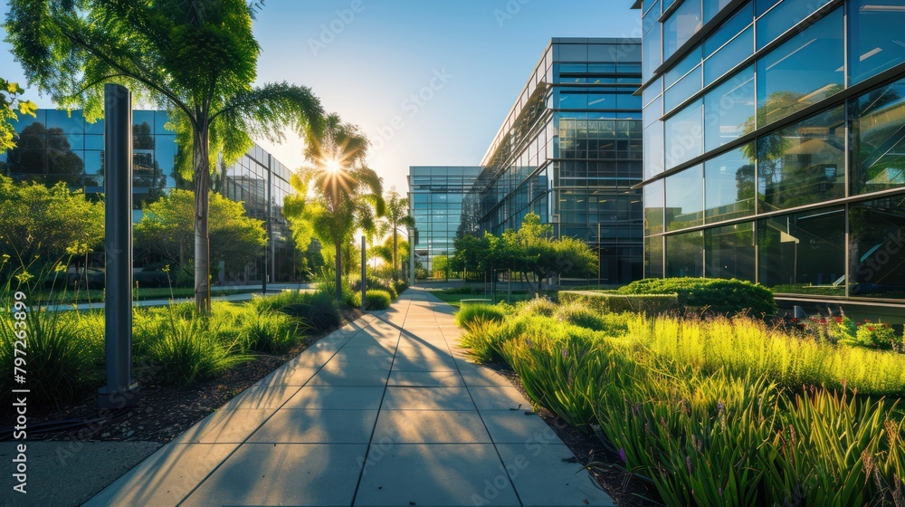 View of the beautiful green park downtown amidst modern buildings in the morning. View of the beautiful green park downtown amidst modern buildings in the morning.