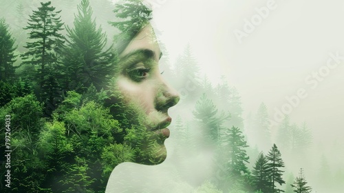 womans face blended with lush green forest double exposure concept illustration